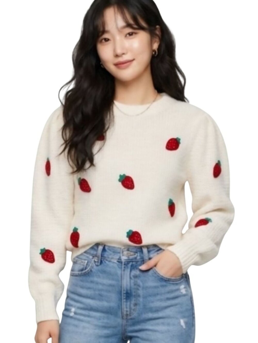 Mango Strawberry Puff Sleeve Crewneck Sweater Size L